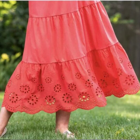 Talbot's Fit & Flare Coral Tiered Eyelet Ruffle Midi Dress Medium - Picture 6 of 13
